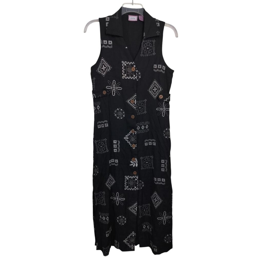 5288)Vtg Premier International M Lagenlook Geo Tribal Button Front Jumper Dress - Picture 2 of 8